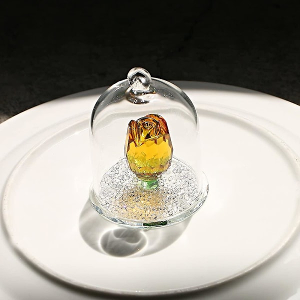 Krystal Rose Blomster Figurine Drømme Ornament I En Glaskuppel Gaver Til Dame (gul)