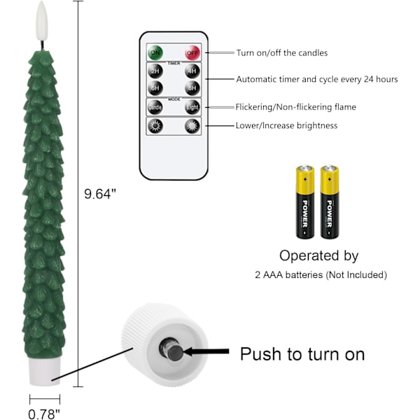 Juletrær Flammeløse Spisslys Flimrende med Fjernkontroll Timer, Ekte Voks LED Batteridrevne Lys Varme 3D Veke Jul Hjem Bryllupsdekor Christmas Green