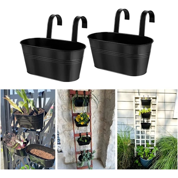 Hängande blomkrukor i metall, järnhink, planteringskruka, metallhink, blomhållare med krok, inomhus- och utomhusdekor för räcke, staket, balkong, trädgård (Bl Black (10.62"x2)