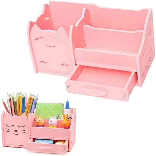 Desk Organizer Cartoon Animal Office Supplies Sorter Wooden Desktop Storage Box With Compartments Pink 1pc