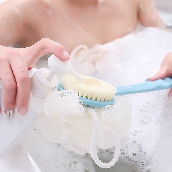 Brusebørster med børster og løf-badebørste med langt skaft bagtil til brusebad til mænd og kvinder (2 stk, blå+pink)