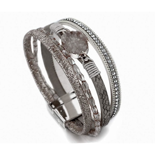 Leopard Armband för Kvinnor, Boho Läder Wrap Multi-Layer Pärla Kristall Armband Smycken B20Grey Stone(Short) A7Feather