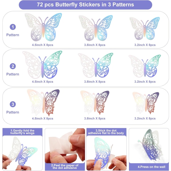 72 kpl perhoskoristeita, 3 kokoa 3 tyyliä perhosseinäkoriste, perhosjuhlakoristeet, syntymäpäiväkoristeet perhoset askarteluun, kakku D 72 Pcs, Rainbow Silver