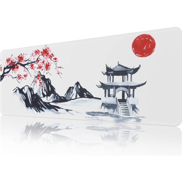 Japanese Cherry Blossom White Musematte (31,5 × 11,8 × 0,12 tommer) Forlenget stor musematte Skrivebordspute, musematte med sydde kanter, sklisikker gummibase, Japan Mouse Pad  3 Ink Drawing Mouse Pad  1