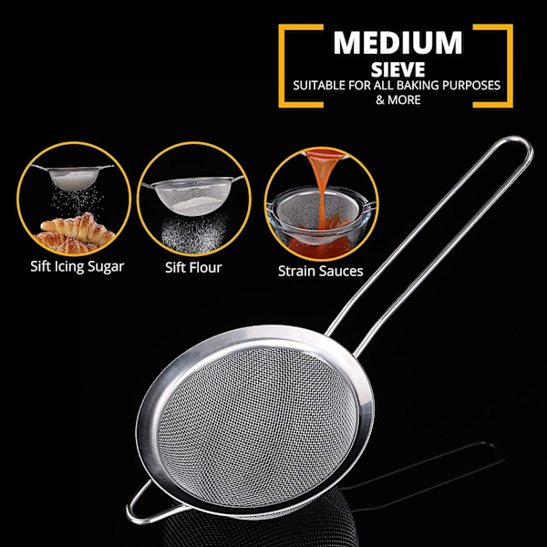 Sil og silsett - Metall sil i rustfritt stål, finmasket sil | Pakke med 3 kjøkkennett, sil til matlaging, mel til baking Rustfri sil, Silver Pack of 3