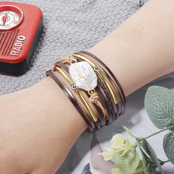 Leopard Armband för Kvinnor, Boho Läder Wrap Multi-Layer Pärla Kristall Armband Smycken A3Brown Leather(Pearl) A7Feather