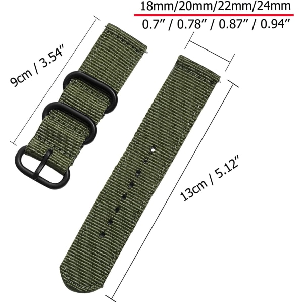 20mm 22mm 18mm 24mm Universal Ballistisk Klockarmband, Nylon Canvas Vävd Loop Ersättningsrem Armband Spänne Fäste Justerbar Stängning för Smart- Green 22mm