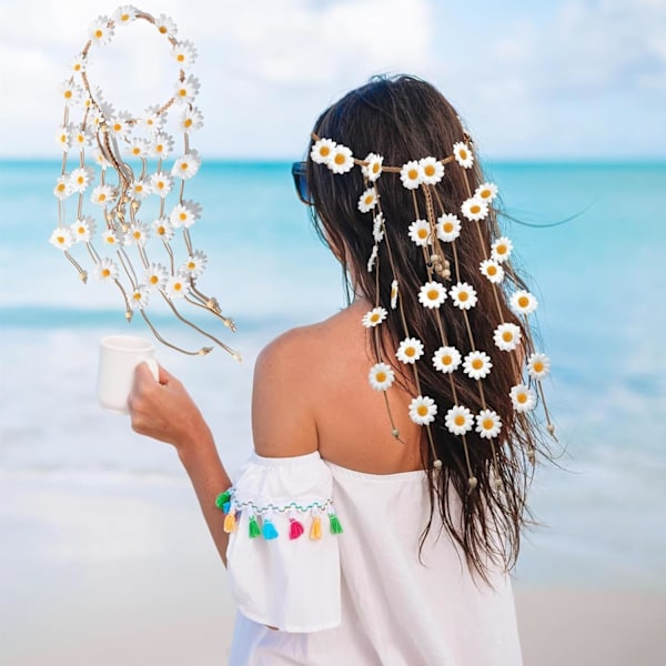 Hodebånd Daisy Hårtilbehør Blomsterkrone Solsikker Hår Strand Boho Hodebånd Justerbar Duskhårkrans Blomster Hårbånd Kvinner Cosplay Kost White 1 count (Pack of 1)