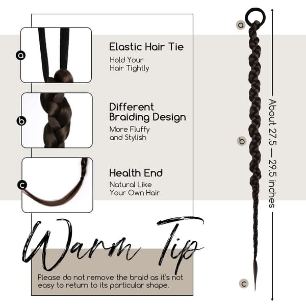 Flettede Hestehale Extensions, Bløde Syntetiske Hår Extensions, Hårtilbehør, Sort, 2 Stykker, 70CM