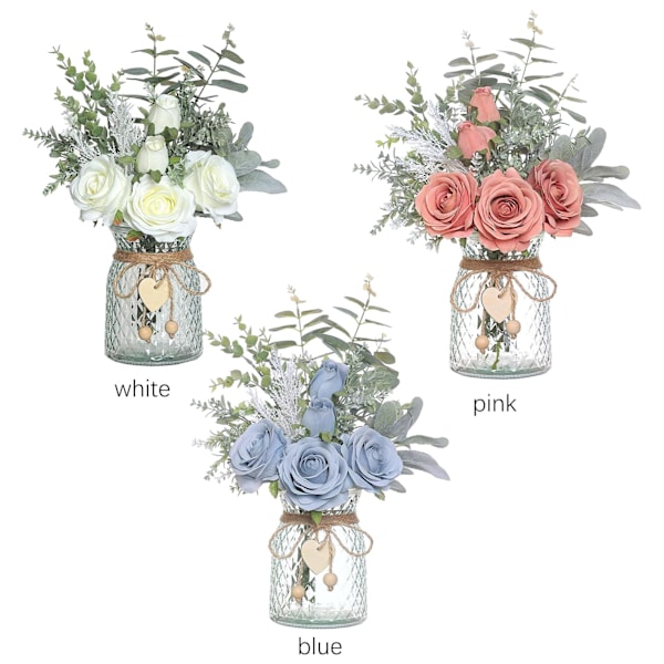 Falska blommor, konstgjorda sidenrosor i vas, konstgjord blomsterarrangemang imitation rosor, utan vas (vit) White
