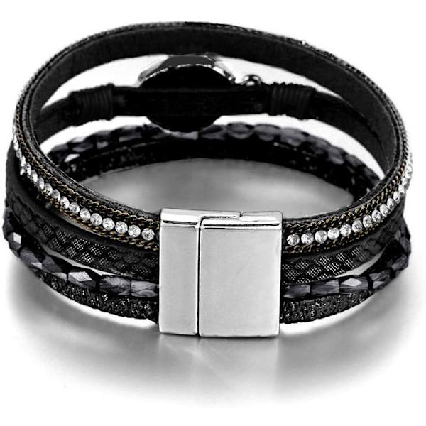 Leopard Armband för Kvinnor, Boho Läder Wrap Multi-Layer Pärla Kristall Armband Smycken B21Black Stone(Short) A7Feather