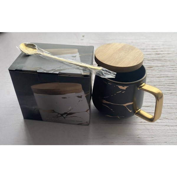YBK Tech Porcelæn Te-kop Kaffekop Sæt til Eftermiddagste - Marmormønster (Sort, Høj 400ml + Trælåg) Black, Tall