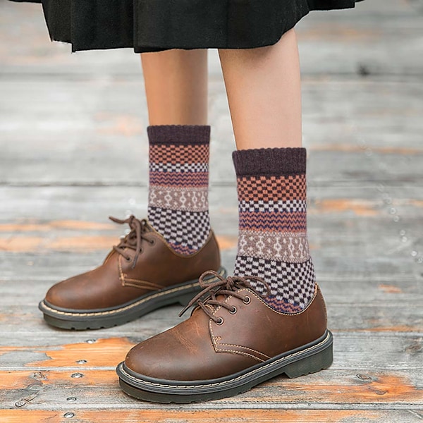 5 Par Damsockor i Ull, Tjocka Varma Stickade Termiska Sockor, Damsockor för Vinter