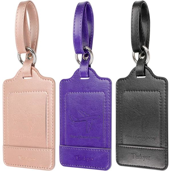 3 kappaleen matkalaukkutagit, PU-nahkaiset matkalaukkutagit matkalaukuille, matkalaukkujen nimikyltit nimikortilla, huomattavat, kestävät, matkatarvikkeet, ruusu Rose Gold+Purple+Black 2.7 x 4.2 inch/6.8 x 10.7 cm