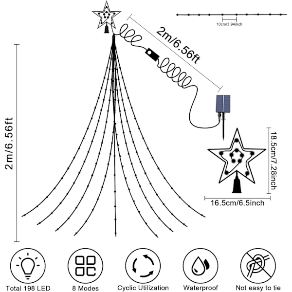 Vattenfallsträdlampor, 2m/6.56ft x 9 rader, Toppstjärna Solsträngar, 198 LED, Vattentäta Stränglampor med 8 Belysningslägen White Solar