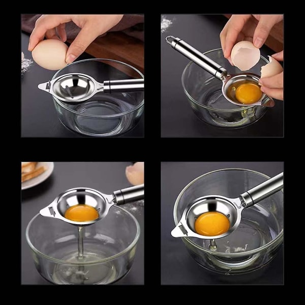 Æggeskiller, Ægge- og æggehvidefilter i rustfrit stål, Æggeskillerske med lange skafter, køkkenbageværktøj (2 stk, sølv)