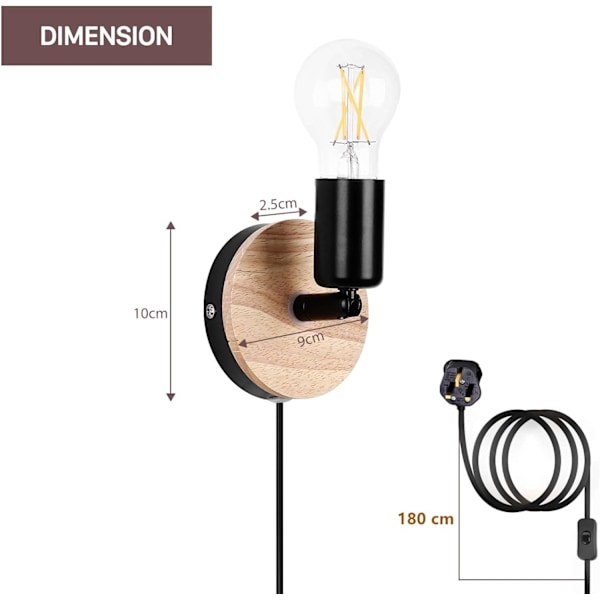 Industriella vägglampor med strömbrytare, vägglampor inomhus, trävägglampskärmar, 360° roterbar rustik vägglampa E27-vägglampor för sovrum vardagsrum Wood With Plug 1 Pack