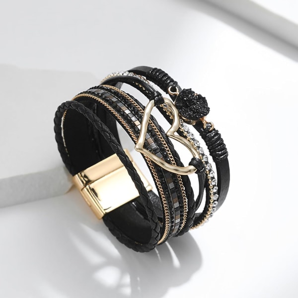 Leopard Armbånd til Kvinder, Boho Læder Wrap Multi-Layer Perle Krystal Armbånd Smykker B29:Heart Leather(Black) A7Feather