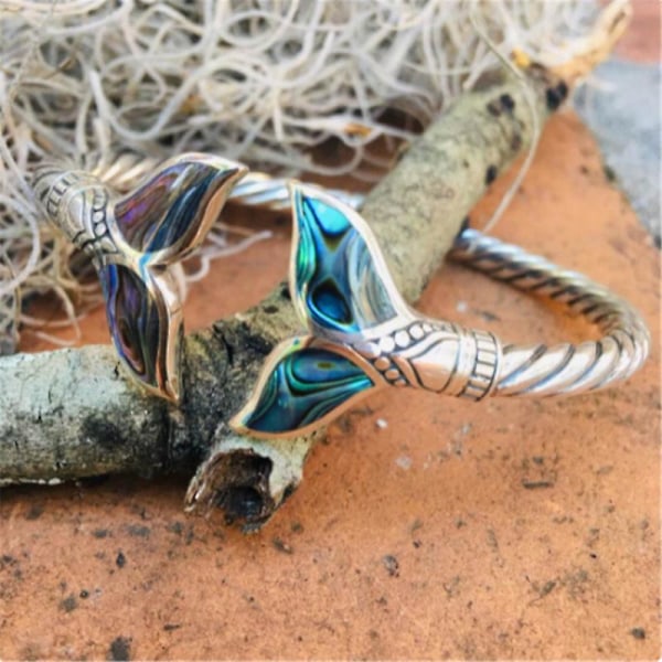Abalone Shell och sjöjungfru svans armband armband justerbar öppen armband (1 st, silver)