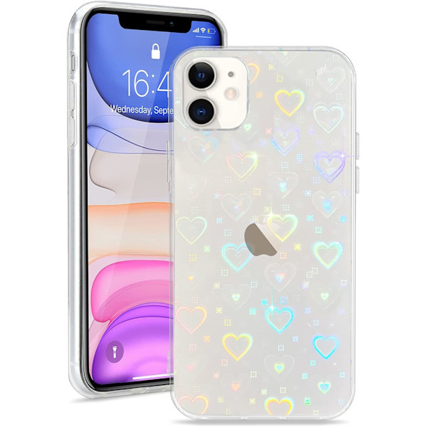 iPhone 11 -kotelo, läpinäkyvä, söpö holografinen sydänkuvio, naisille ja tytöille, läpinäkyvä, muodikas, glitter, silikoninen puskuri, iskunkestävä suoja