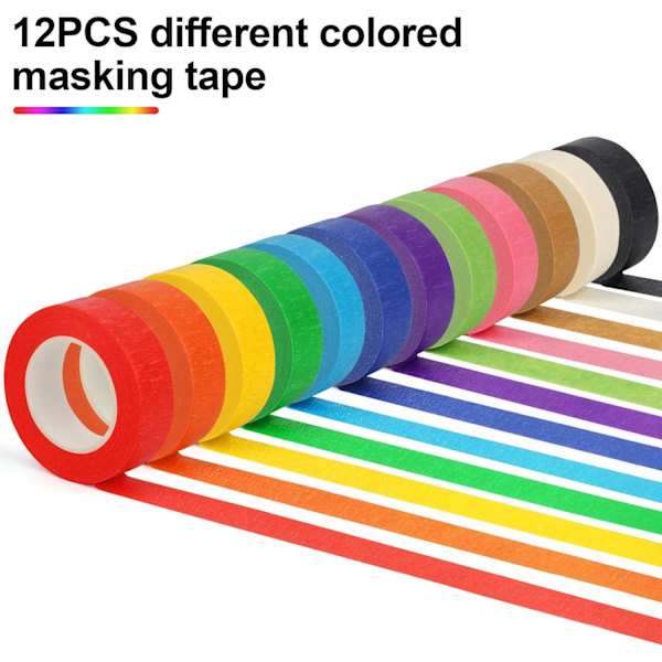 12 kpl värillistä maalarinteippiä, lasten taidetarvikkeet värillistä teippiä, DIY-askarteluteippiä, värillisiä teippirullia, värillisiä maalarinteippejä 1,7 cm x 18 m (2/3 tuumaa x 19,5 jaardia) 1.7cm x 18m (2/3In x 19.5Yards)