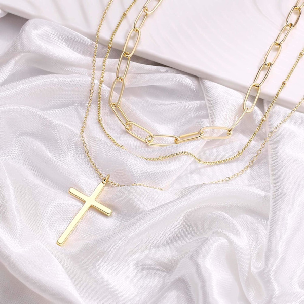 Fint lagdelt choker-halskjede, håndlaget 14K gullbelagt Y-anheng halskjede Flerlags stangskivehalskjede Justerbare lagdelte choker-halskjeder for kvinner 3PCS  Link Chain&Beads Chain&Cross 3PCS  Chain&Bar&Hammered Disc