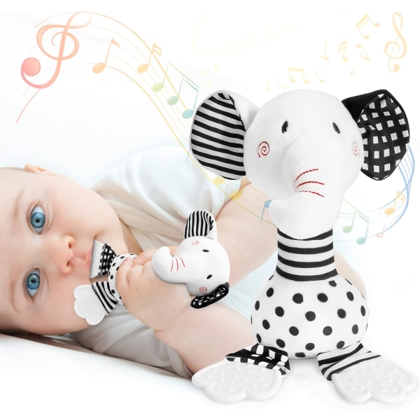 Svarta och vita sensoriska leksaker - Baby Rattle Toys 0-6 månader mjuk spädbarnsskallershaker med bitring Nyfödd Första djur Tidig pedagogisk leksak fo White