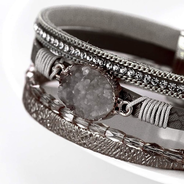 Leopard Armband för Kvinnor, Boho Läder Wrap Multi-Layer Pärla Kristall Armband Smycken B20Grey Stone(Short) A7Feather