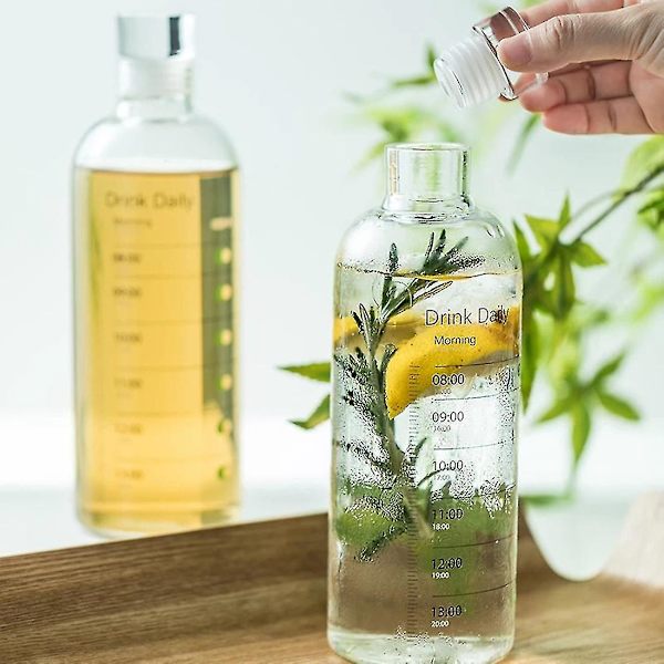 500 ml:n lasipullo, jossa on aikakansi, vedenjuonti, läpinäkyvä