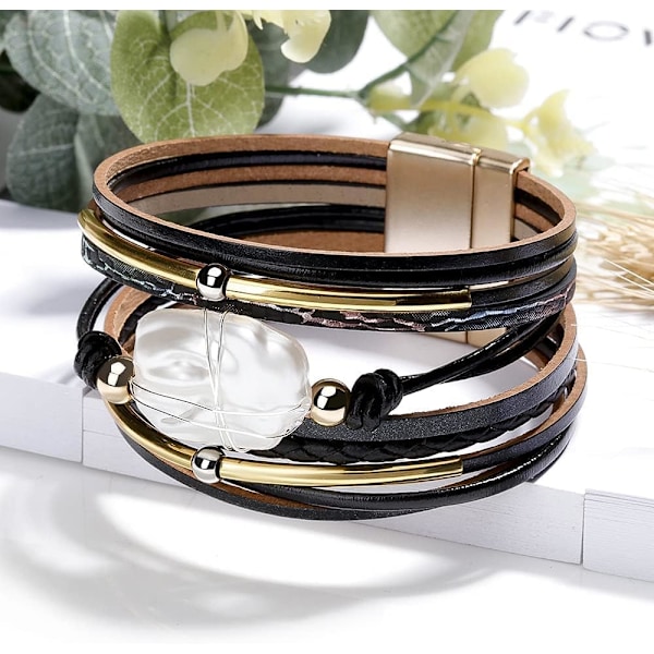 Leopard Armband för Kvinnor, Boho Läder Wrap Multi-Layer Pärla Kristall Armband Smycken A5Black Leather(Pearl) A7Feather
