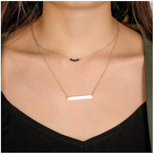 Fint lagdelt choker-kjede, håndlaget 14K gullbelagt Y-anheng kjede flerlags stangskive kjede justerbart lagdelt choker-kjede for kvinner 3PCS  Amethyst&Bar&Hammered Disc 3PCS  Chain&Bar&Hammered Disc