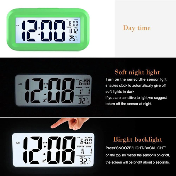 Uppgraderad Digital Väckarklocka, 4,3\" LED-Display med Temperatur Större Ljudstyrka Ljuskontroll Bärbar Snooze Kalender Ljusstyrka med Batteridrift Green