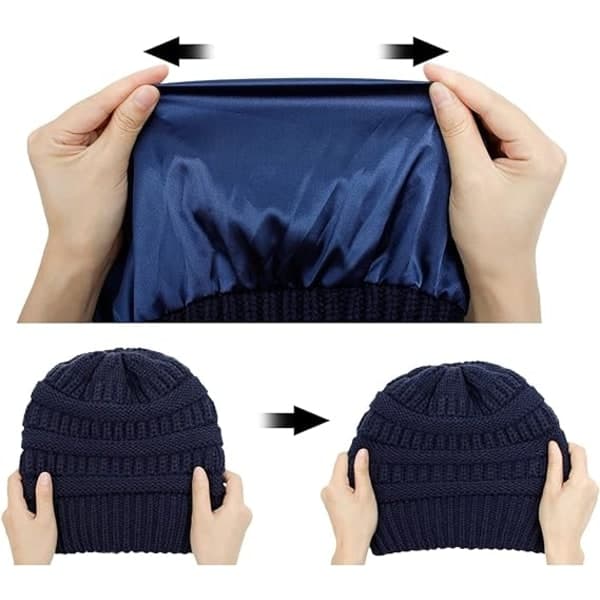 Varm stickad vintermössa med satin foder, kabelstickad beanie, tjock slouchy skull cap för kvinnor Navy