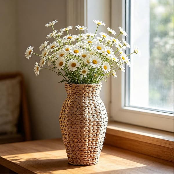 Handvävd rottingvas - Liten flätad boho-design - för pampasgräs och torkade blommor - Rustik