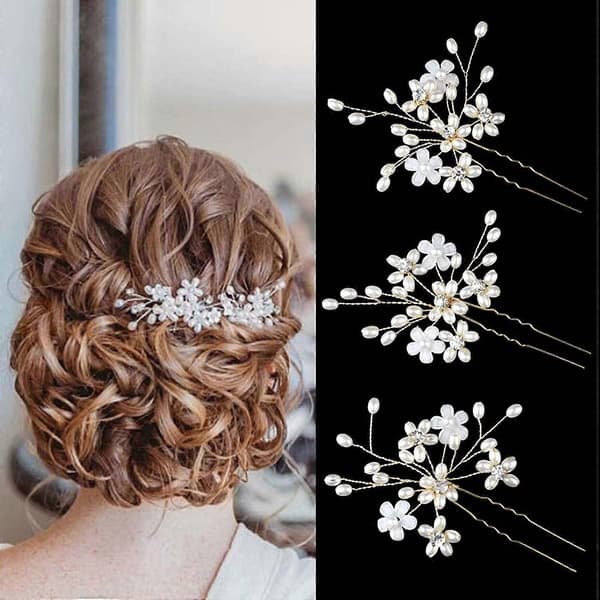 Bryllupshårnåle (3 stk) - Elegante perleblomster med krystalhårtilbehør til brudepiger (Guld)
