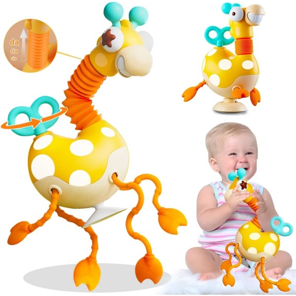 Sensoriske babyleker Montessori matkvalitets silikontrekksnor aktivitetsleke, giraffeleke med vridende urverk og nakkepoprør for finmotorikk