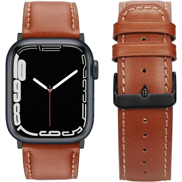Remmar kompatibla med Apple Watch-rem 45mm 44mm 42mm 41mm 40mm 38mm, dam- och herrremmar i läder, ersättningsband kompatibla med iWatch serie 7 Brown 41mm/40mm/38mm