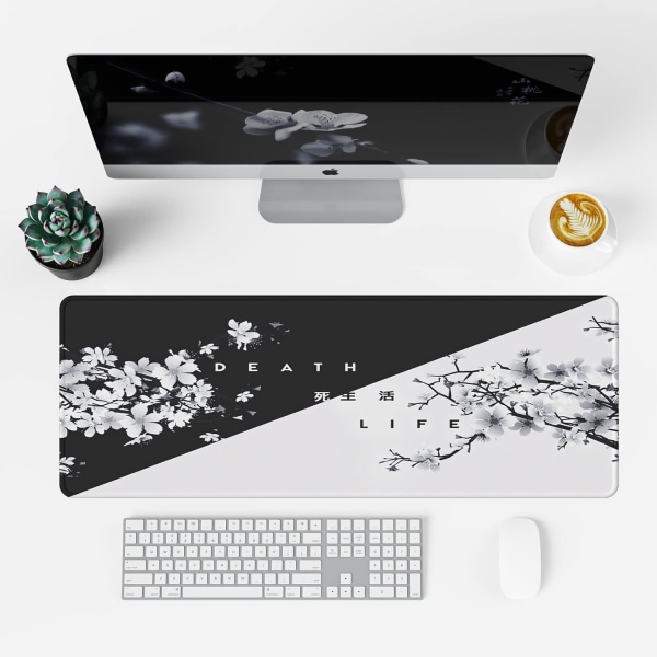 Svart och vit japansk körsbärsblomma musmatta (31,5 × 11,8 × 0,12 tum) Utökad stor musmatta skrivbordsunderlägg, sydd kant musmatta, halkfri Ink Drawing Mouse Pad  2 Ink Drawing Mouse Pad  1