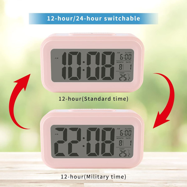 Uppgraderad Digital Väckarklocka, 4,3\" LED-Display med Temperatur Större Ljudstyrka Ljuskontroll Bärbar Snooze Kalender Ljusstyrka med Batteridrift Pink