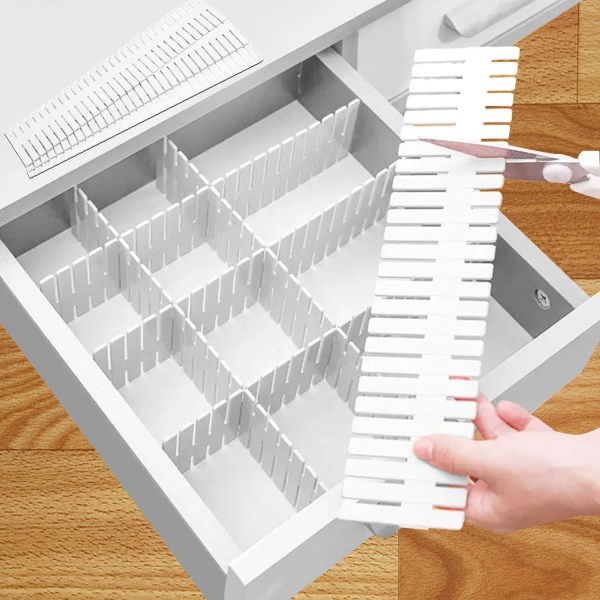 16 stk. skuffeinddelere Justerbar skuffeorganisator Hvid skuffeorganisator 32 x 7 cm DIY Klip efter ønske til sokker, undertøj, makeup, køkken, vær