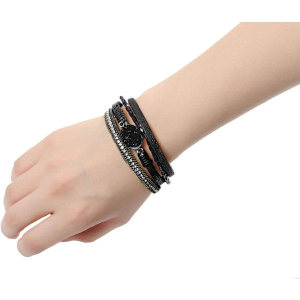 Leopard Armband för Kvinnor, Boho Läder Wrap Multi-Layer Pärla Kristall Armband Smycken B21Black Stone(Short) A7Feather