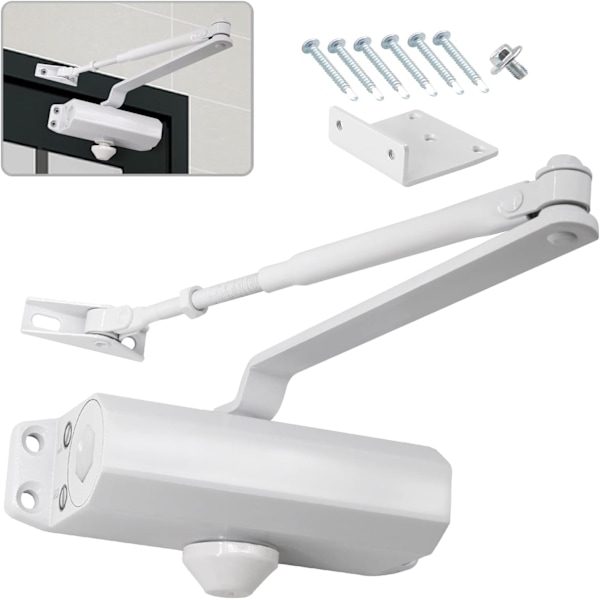 Hydraulisk dørlukker med fjær med hold-åpen funksjon, myk lukking, størrelse 2, med automatisk justerbar arm, egnet for kommersielle og private dører med vekt på 25-45 kg White With Hold Open