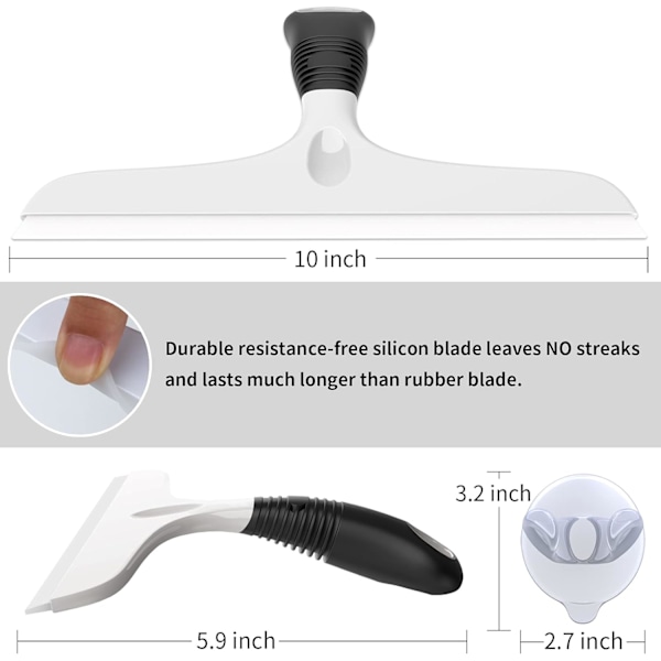 Monikäyttöinen silikoninen vesiharja ikkunoille, lasille, suihkuovelle, auton tuulilasille, tehokas ikkunanpesin, mukana imukuppi, 10 tuumaa, valkoinen ja sininen White & Black 10 inch