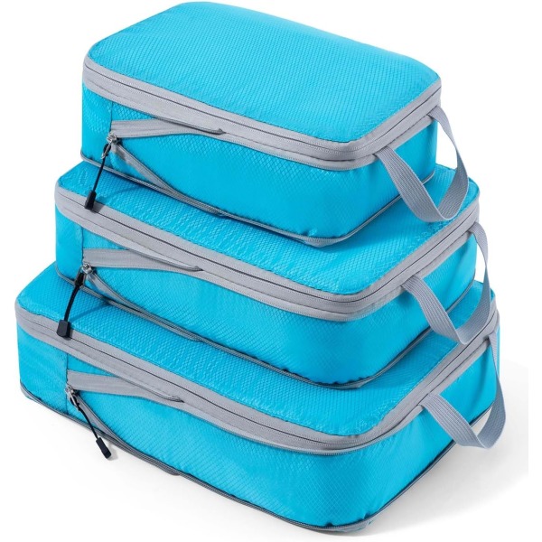 Kompressionspakningskuber til kufferter, 3 stk. udvidelig kuffertorganisator, letvægts rejsebagagearrangør Pakningsposer Opbevaringsposer Trave Blue XL, L