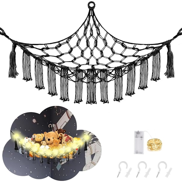 Eläinhamaka LED-valolla, leluhamaka pehmolelujen säilytykseen, lastenhuoneen sisustukseen, pehmolelujen hamaka nurkkaan, musta Black Large(Package of 1)