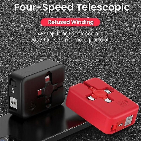 4 i 1 uttrekkbar usb-laderdatakabel m/ telefonstativ type C mikro usb-kabel rød