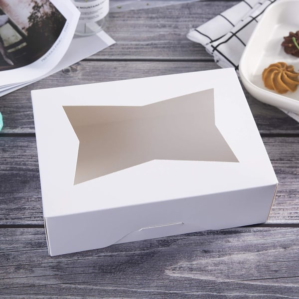 8 tommers hvite kakebokser med vindu, automatisk popup rektangulær bakeriboks for muffins og bakverk, sjokoladedekket jordbær kartong klart lokk Trea White