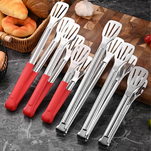 Serveringstang i rustfritt stål med grep – 3-linjers spaltehode – for BBQ og buffetkjøkken Red L