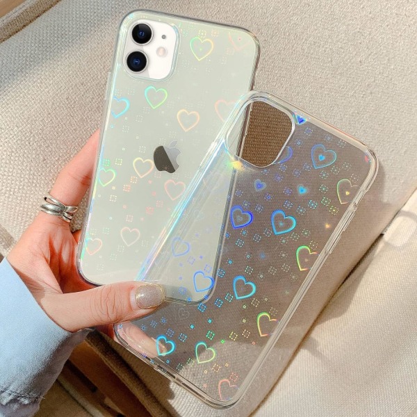 for iPhone 11 Etuier Krystallklar Søt Holografisk Hjertemønster for Kvinner Jenter Transparent Mote Glitter Silikon Bumper Støtsikker Beskyttelse