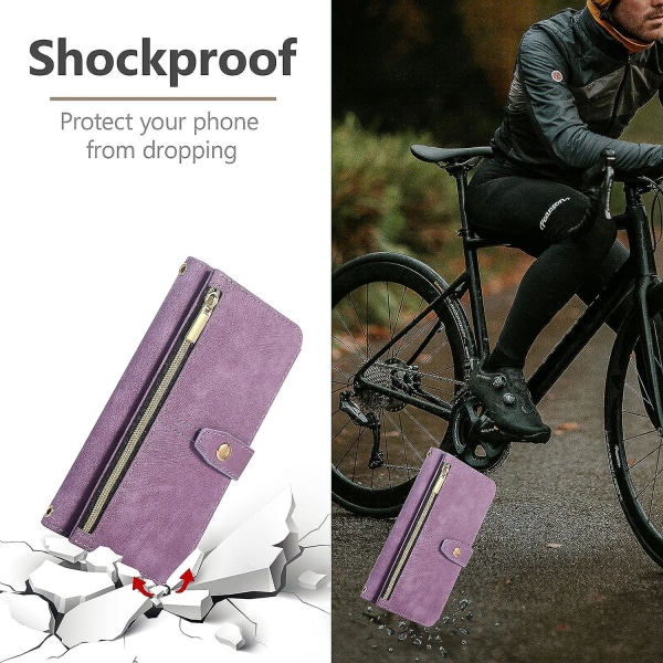 Kortfack Crossbody phone case för Iphone 14 Pro 6,1 tums lila vintage läderplånbok med flera fack med stötsäker flip handledsrem Kortplats blixtlås P
